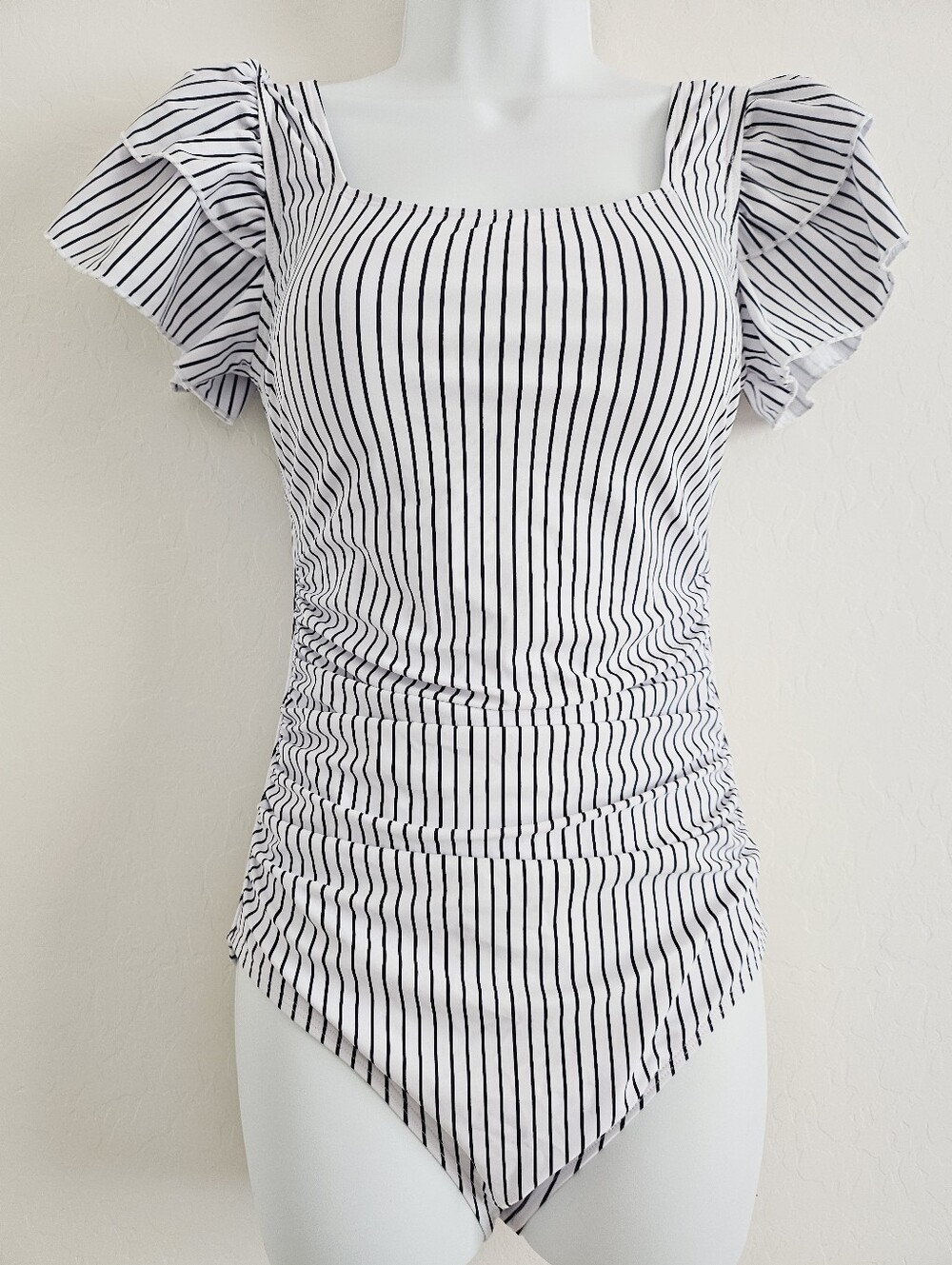 Square Neck Black & White Striped Ruffle Sleeve One Piece Swimwear Small - Picture 3 of 9